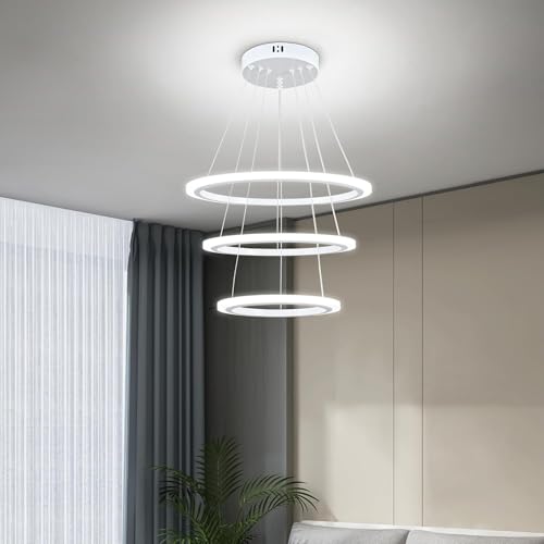 Image of Manraj Modern LED Chandelier, Acrylic 3-Ring Design, Ring Flush Mount Chandelier with Adjustable Hanging Cord Pendant Light Fixture, for Dining Living Room Bedroom (White)
