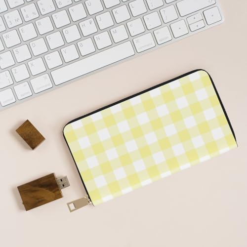 Lemon Yellow Checkboard A Print Wallet Women, Leather Bifold Multi Card Wallet, Long Purse Women's Wallets4