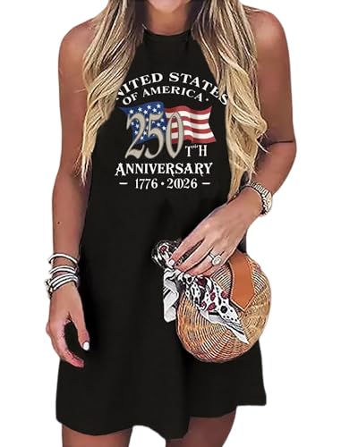 Image of jusgai 250 Anniversary USA Dress for Women American Flag Tank Dresses 4th of July Patriotic Sundress