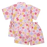 [ハッピー] 甚平 ベビー 女の子 綿100％ 日本製生地 じんべい スーツ上下 祭 子供甚平 JB091G 花小紋/ピンク-9074 80cm