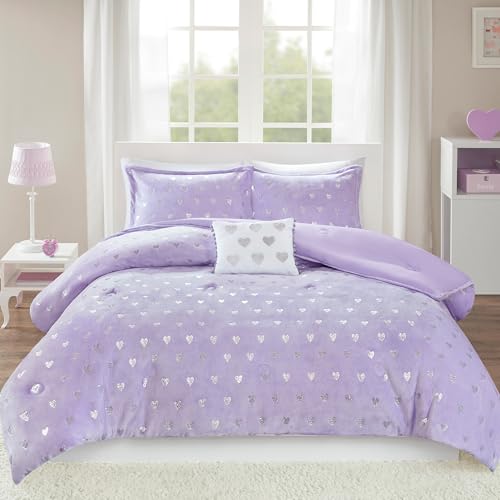 Image of Intelligent Design Queen Comforter Set, 4 Piece Metallic Hearts Cozy Bedroom Set for Girls, Queen Bed Set Soft & Plush Comforter, All Season Fluffy Bedding Set, Rosalie, Full /Queen, Purple Silver