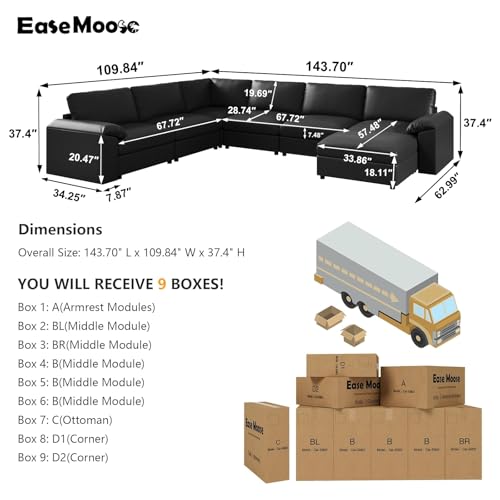 Image of EASE MOOSE Faux Leather Sectional with Ottoman,Oversized Modular Couch,Vintage Modular Sectional Sofa with Deep Seat,Scratch Resistant Faux Leather Material,U Shaped Couch for Big Spaces, Black
