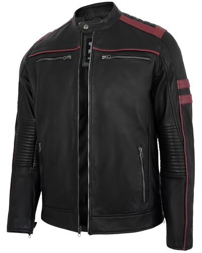 Image of Leather Jacket Men - Real Lambskin Motorcycle Jacket with Snap Tab Collar, Adjustable Waist & Zippered Pockets