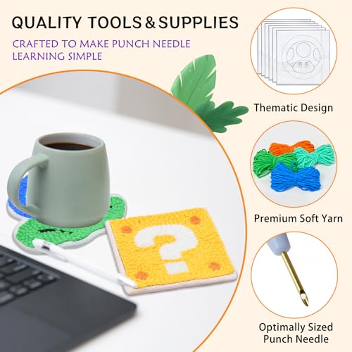 Image of Groodo Punch Needle Coaster Kit, 6PCS Easy DIY Embroidery Set for Beginners, Kids & Adults Good Gift with Patterns, Tools, Yarns, Hoop, Instructions & Coaster Holder