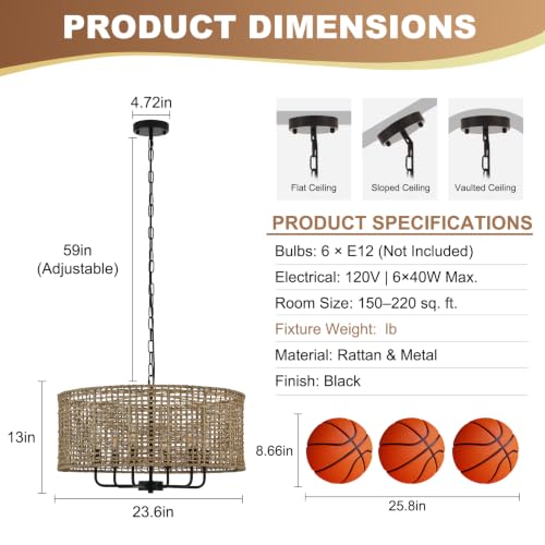 Image of 23.6 inch Large Rattan Chandelier, 6-Light Black Wicker Light Fixture