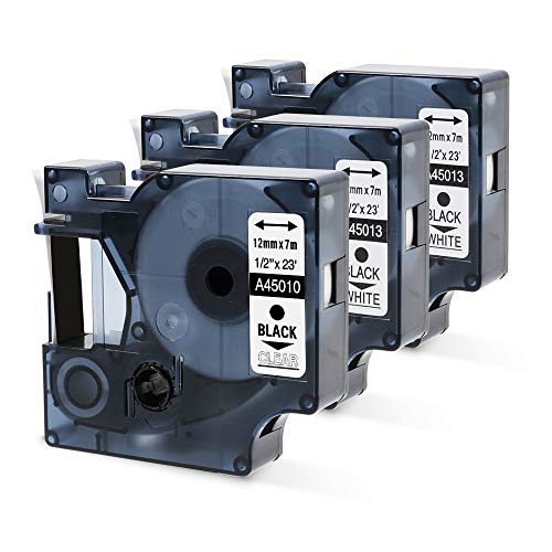 Casete de Cinta Oozmas Compatible para usar en lugar de Dymo 12mm x 7m 45013 45010, Negro sobre Blanco/Transparente, Compatible Dymo LabelManager labelpoint 160 210D 260P 280 360D, pack de 3