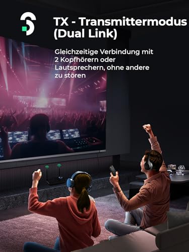 SOOMFON Bluetooth 5.3 Sender Empfänger mit Doppelantenne, 3-in-1 BT Audio Adapter für 2 Kopfhörer, Bluetooth Transmitter Receiver für TV/Stereoanlage, mit Bildschirm & Lautstärkeregelung, Aux/Optisch – Bild 3