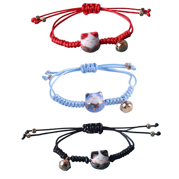 3 Pieces Cat Maneki Neko Bracelet Cute Lucky Cat Ceramic Beads Bracelets Feng Shui Lucky Bracelet Japanese Fortune String Bracelet with Bell, Adjustable - Image 6