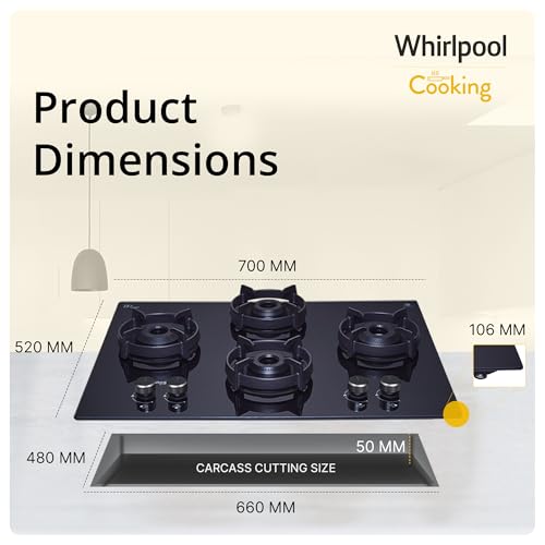Image of Whirlpool 70cm 4 Burner Auto Ignition Hob | EVOLVE HYBRID HD 704 BRASS EC | SABAF Brass Burners | 8mm Toughened Black Glass | 10-Year Glass & 5-Year Burner & Valve Warranty