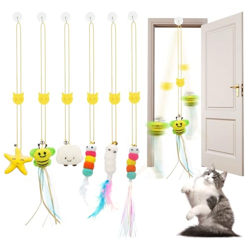 JIARON 6 PCS Interactive Cat Feather Toys, Indoor Hanging Retractable Cat Toy, Self Play Toys Make Fun Excecise