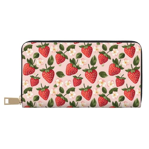 Strawberry Flower Print Wallet Women, Leather Bifold Multi Card Wallet, Long Purse Women's Wallets