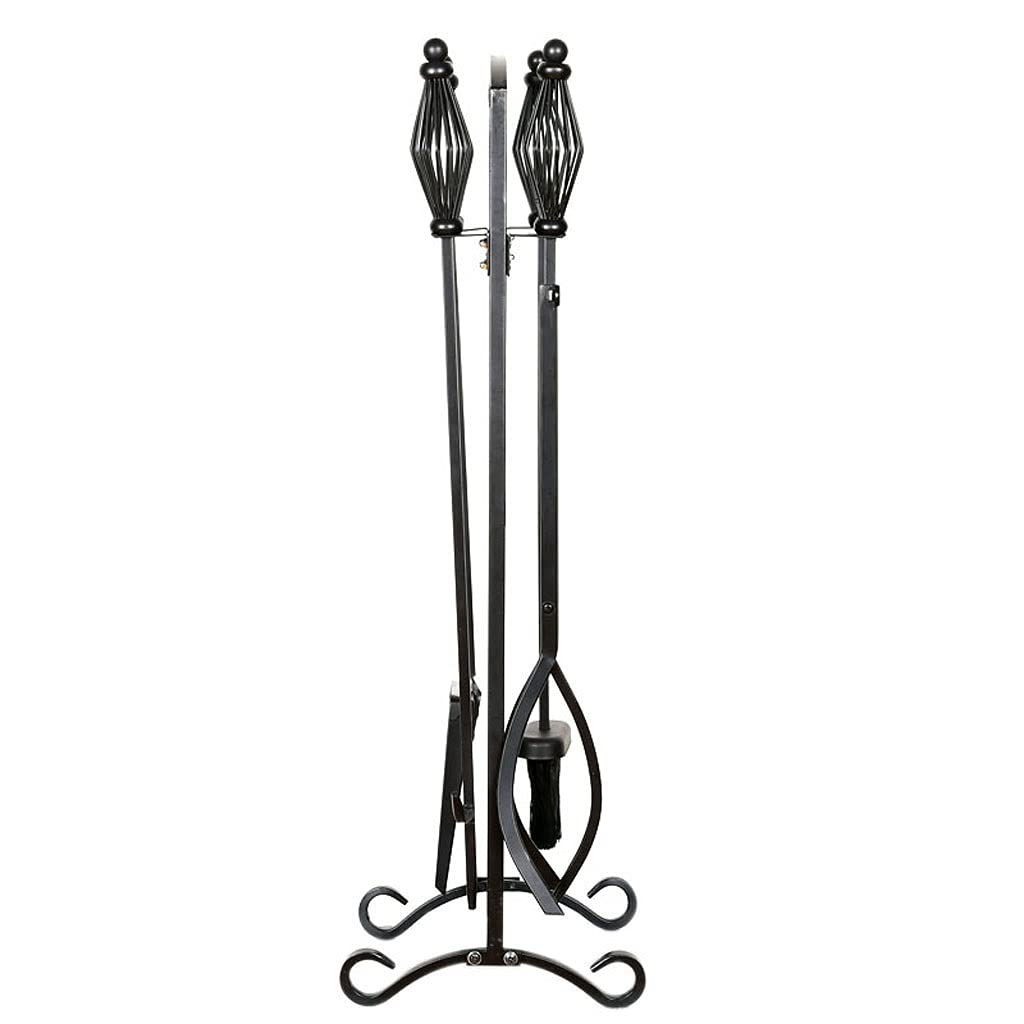 Set di 5 attrezzi per camino, accessori per camino, pinze, attizzatoio, base in metallo, pala e spazzola, adatto per stufe a legna per interni, decorazione in ferro battuto