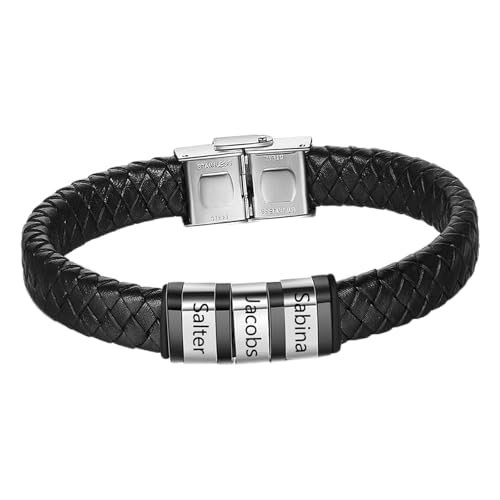 Preisvergleich Produktbild Bosajewel Personalisiertes Lederarmband für Herren Silber Name Perlen Charm Armbänder Verschluss mit Magneten Graviert 3 Name ID Herren Schmuck Armband für Vater Freund