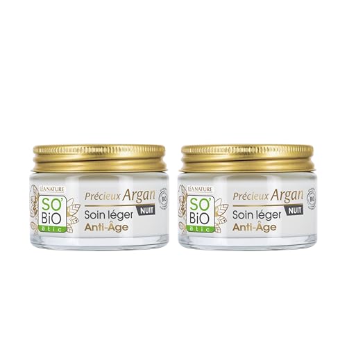 LÉA NATURE SO Bio Etic | Cura leggera anti-invecchiamento Notte - Precious Argan | Liscio & Raffermit | Olio di Argan Bio| Acido ialuronico | 99% di origine naturale | Made in Francia| Confezione da 2