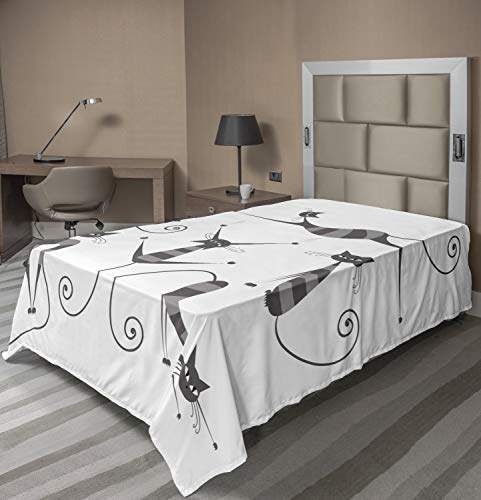 Ambesonne Cat Flat Sheet, Furry Skinny Striped Cats in Several Funny Body Postures Whiskers Feline Paws Art Image, Soft Comfortable Top Sheet Decorative Bedding 1 Piece, TwinXL Size, Dimgray