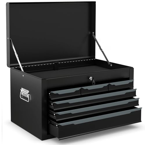 TANGZON Lockable Tool Box, Steel Tool Chest with 6 Drawer, Top Storage Tray, Automatic Lock, Ball Bearing Runners, EVA Liners & Carry Handle, Portable Toolbox Storage Cabinet for Garage (Black)