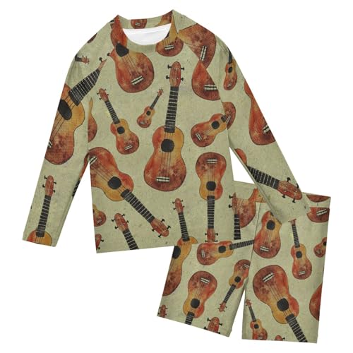 Aflyko Kids' Bathing Suit Set Ukulele Guitar Retro Cute Long Sleeve Swim Tops with Shorts Summer Vacation Pool Party Rashguard Fun Cute Infant Beachwear, 4T Multicoloured