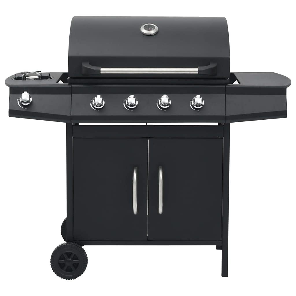 Grill gazowy 4 + 1 palnik z palnikiem bocznym i szafką dolną, grill stalowy, z osłoną chroniącą przed warunkami atmosferycznymi, czarny