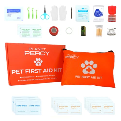 Planet Percy Pet First Aid Kit for Dogs 60+ Piece Emergency Kit with Essentials for Walks Hiking Camping Car & Home Compact and Durable Safety Kit for Pet Owners
