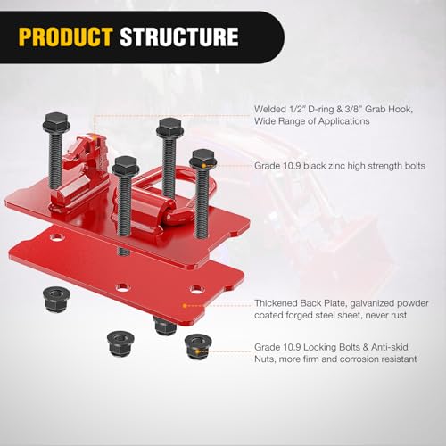 Image of Nilight Tractor Bucket Grab Hook with Tie-Down Ring & Back Plate | 8.5 inch x 4.2 inch Bolt-On Grab Hook Kit, Max 15,000 LBS Grade 70 Forged Steel, Fits Trailer RV UTV Truck, Red 2Pcs
