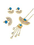 MINACHI Vintage Boho Gold Plated Turquoise Crystal Rhinestone Half Moon Tassel Necklace Earrings Ring Set Jewelry Gift for Women