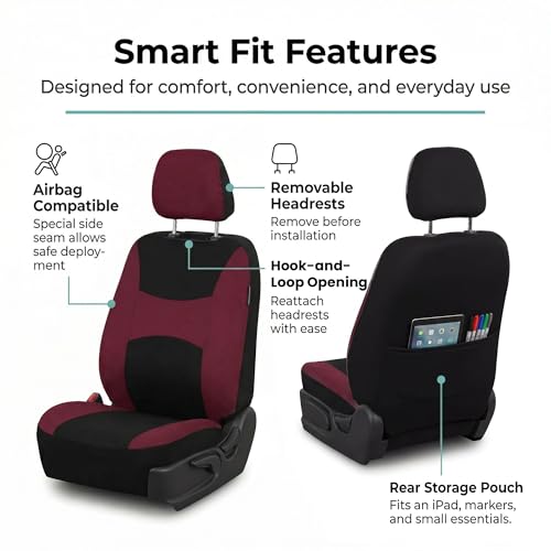 Image of FH Group Front Set Cloth Car Seat Covers for Low Back Seats with Removable Headrest, Airbag Compatible, Universal Fit Seat Cover for SUV, Sedan, Van, Burgundy