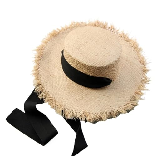 Kid's Grass Hat Light and Thin Lafite Simple Ribbon Sun for Boys Girls Sunscreen Sunshade Summer(Black Streamer,S)