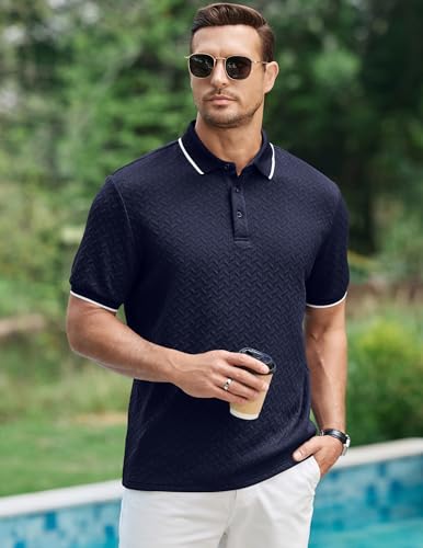 Image of JMIERR Mens Casual Polo Shirt Short Sleeve Vacation Button Summer Beach Knit Stretchy Golf Shirts