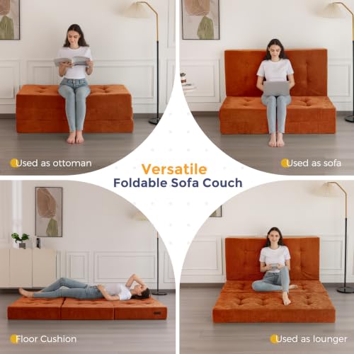 Image of MAXYOYO 6 inch Folding Sofa Bed for Floor, Tufted Tri-Fold Floor Mattress | Queen Size Portable Sofa Couch Guest Mat with Chenille Fabric for Adults, Foldable Topper for Camping, Orange, Queen