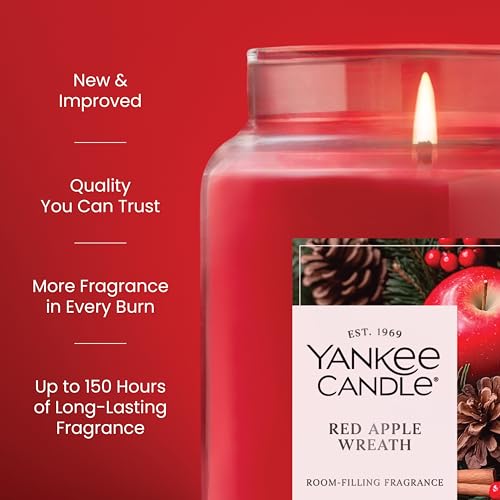Yankee Candle Large Jar Scented Candle with up to 150 Hour Burn Time, Premium Plant Wax Blend for Consistent Burn, 22 oz Jar Candle with Room Filling Fragrance, Red Apple Wreath