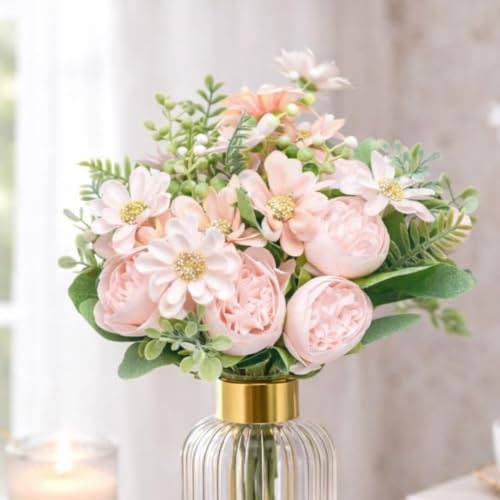 Image of SATYAM KRAFT 1 Pcs Artificial Peony Rose Flower Bouquet Bunch for Home Decor, Office, Bedroom, Balcony, Table Display, Wedding Decoration (Without Vase Pot) (Peach)