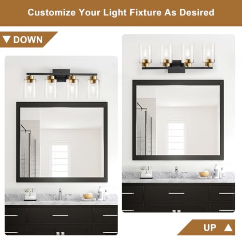 Image of IZORRO Bathroom Light Fixtures, Modern Vanity Lights, Bathroom Lighting Fixtures Over Mirror with Clear Glass Shade, Wall Sconce for Living Room Cabinet Bedroom (Black and Gold, 4-Light)