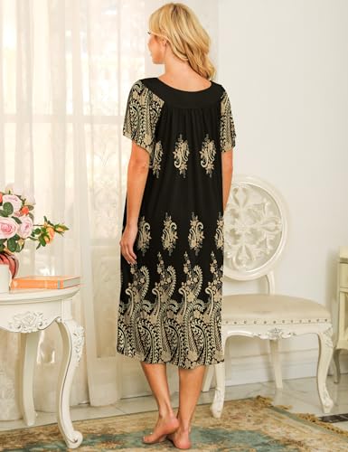 Image of Bloggerlove Mumu House Dress for Women with Pockets Short Sleeve Nightgowns | 15% Cotton, 80% Polyester, 5% Spandex, Floral Mumu House Dress, V-Neck, Short Sleeves, Midi Length, 2 Side Pockets, Lounging