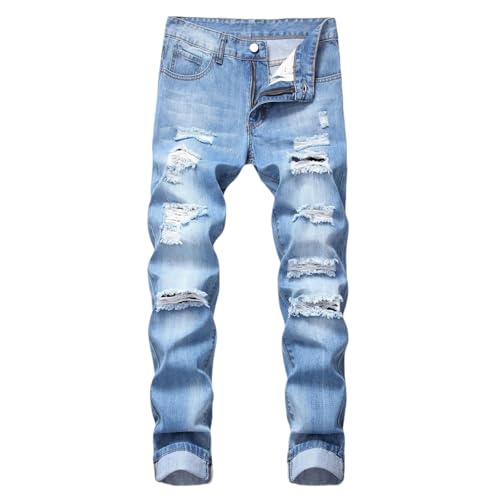 Men's Slim Fit Jeans Stretch Destroyed Ripped Skinny Jeans, Jeans Slim Fit Ripped Straight Leg Distressed Fashion Denim Pants