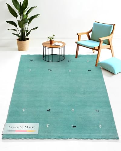carpetfine Wollteppich Gabbeh Uni Türkis 60x90 cm | Moderner Teppich für Wohn- und Schlafzimmer