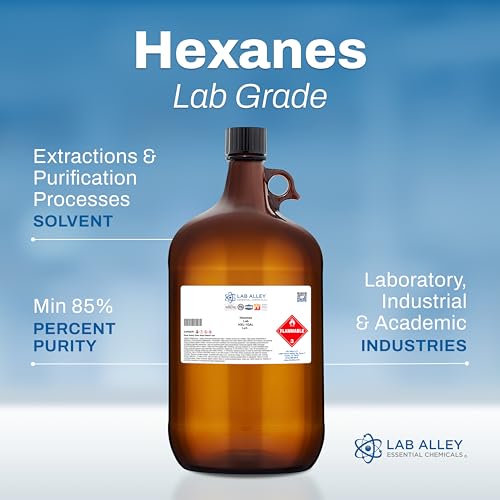 Lab Alley Hexanes Lab Grade Solvent, Non-Polar Chemical for Extractions, Sample Prep & General Laboratory Applications, 1 Gallon (Pack of 4 x 1 Quart Bottles)