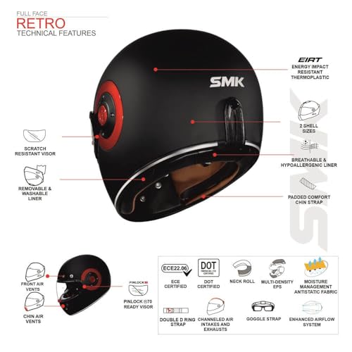 Image of SMK Retro Ranko Full Face Helmet, Matt Black Grey, ISI DOT ECE Certified, Model MA626