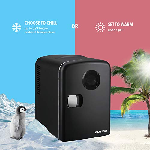 Gourmia GMF668 Thermoelectric Mini Fridge Cooler and Warmer - With Bluetooth Speaker - 4 Liter/6 Can - For Home, Office, Car, Dorm or Boat - Compact & Portable - AC & DC Power Cords - Black