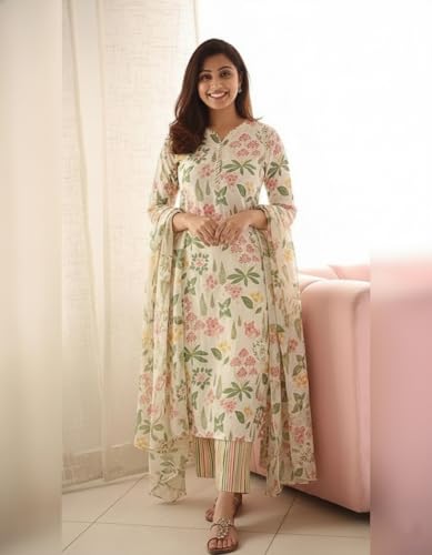 ANNI DESIGNER Women's Cotton Blend Straight Printed Kurta with Pant & Dupatta