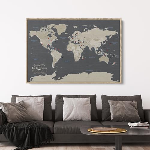 Image of Earth Tone World Map with Pins - Extra Large Personalized Canvas Push Pin Map - Framed World Travel Wall Decor - Natural Float Frame - 34 inch x 51 inch