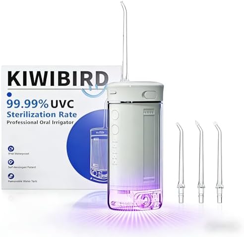 KIWIBIRD Mini Water Flosser for Travel, Ultra-Portable Cordless Oral Irrigator with UVC Light, IPX8 Waterproof 3 Modes, 230mL Teeth Cleaner for Tonsil Stones & Braces Care - Home & Travel (Grey)