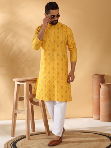 Image of KRAFT INDIA Men's Cotton Blend Geometric Printed Straight Long Regular Kurta and Elastic Waistband Pyjama Set