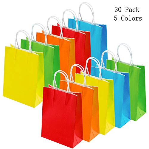 Dproptel 30 Pack Durable Kraft Paper Bags Party Favor Bags Gift Treat Bags Shopping Bags, Snack Bags, Bread Bags, Takeout bags with Handle,100% Recycled Kraft Paper (Multi-Colors)