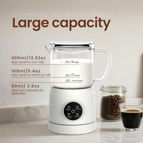 Image of 4-in-1 Electric Milk Frother and Steamer for Whole Milk, LED Touch Screen, Cold and Warm Foam Maker, Ceramic-Coated, 13.52oz for Lattes, Cappuccinos and Hot Chocolate, Auto Shut-Off, Cream White