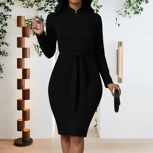 MsavigVice Church Dresses for Women Sexy Pencil Business Work Midi Dress Slim Fit Bodycon Dresses with Belt3