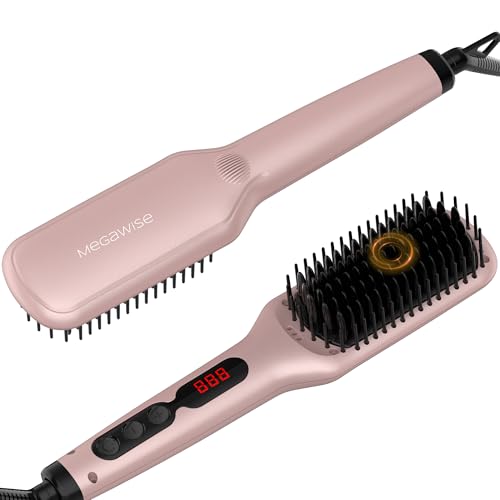 MEGAWISE Hair Straightener Ceramic Brush – Flat Iron Hot Brush, Anti-Scald, Dual Voltage, Rotatable Cord, Auto Shutoff, Anti-Frizz – for All Hair Types (Pink)