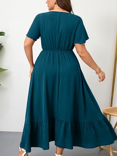 Image of RWJ Women Plus Size Maxi Dress V Neck Short Sleeve Button Trim Split Flowy Tiered Casual Long Dresses 2025 L-3XL
