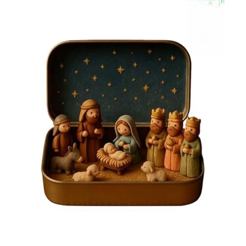 Mini Nacimiento Navideño en Caja de Lata, Escena Portátil del Nacimiento de Jesús con Figuras de la Sagrada Familia, Ovejas y Estrella, Decoración Religiosa Navideña de Resina Hecha a Mano (Blanco)