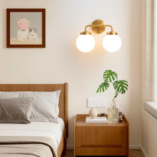 Image of Bathroom Light Fixtures 14in 2-Light Brushed Gold Vanity Light for Mirror | Bathroom Lighting Fixtures over Mirror, ETL, Brushed Brass Wall Sconce, Dimmable E12 Base Max 60W, Milky Glass Ball Shades