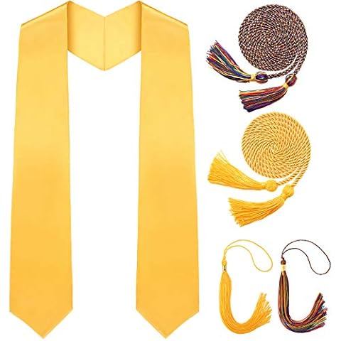 Jecery 5 Pieces Graduation Stole, Honor Cords and Tassel Set Unisex Adult Plain Satin Graduation Stole Gold Graduation Sash Stole Graduation Cord Honor Tassel for Graduation High School and Bachelor Cover
